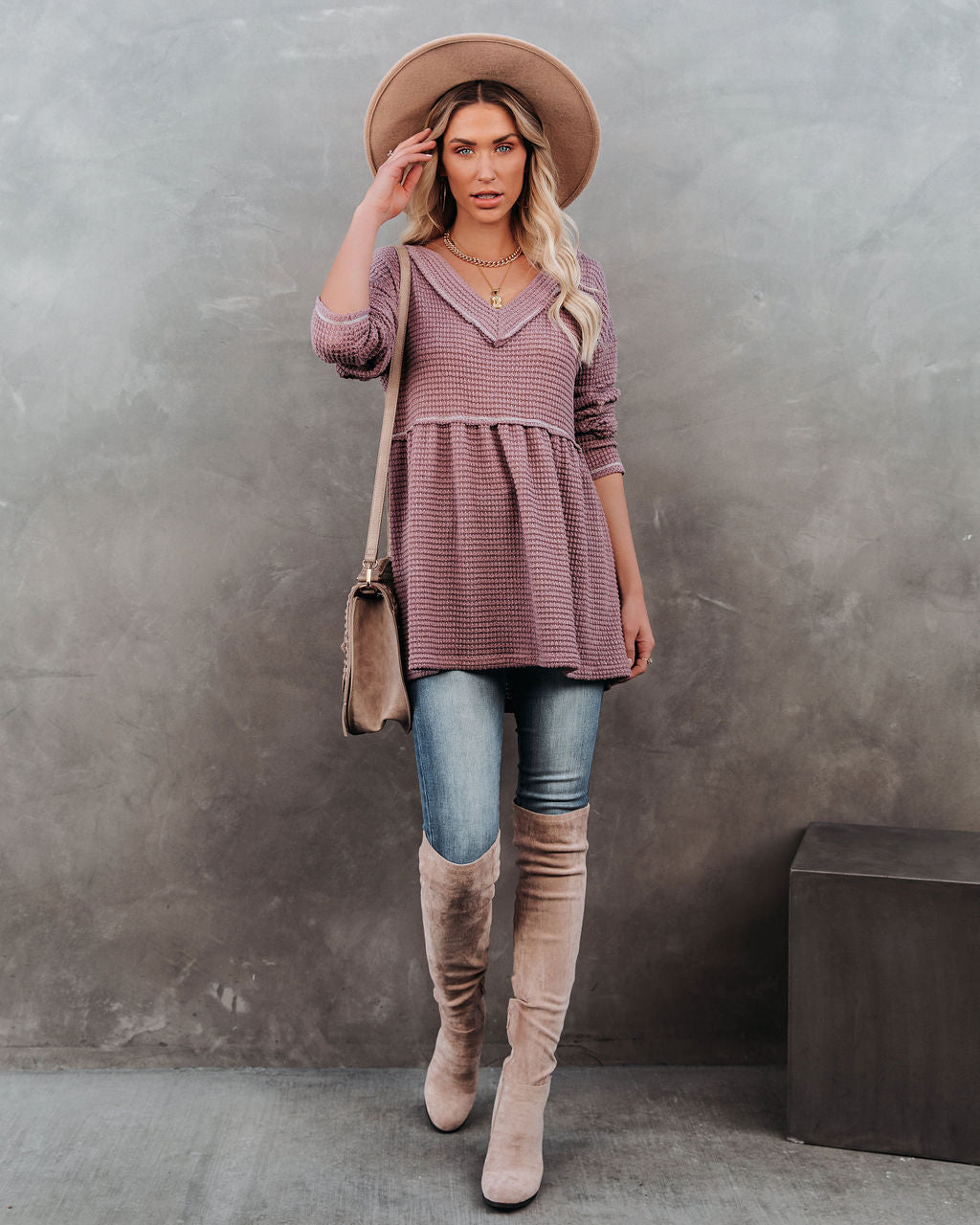 Larsa Thermal V-Neck Peplum Top - Mauve Ins Street