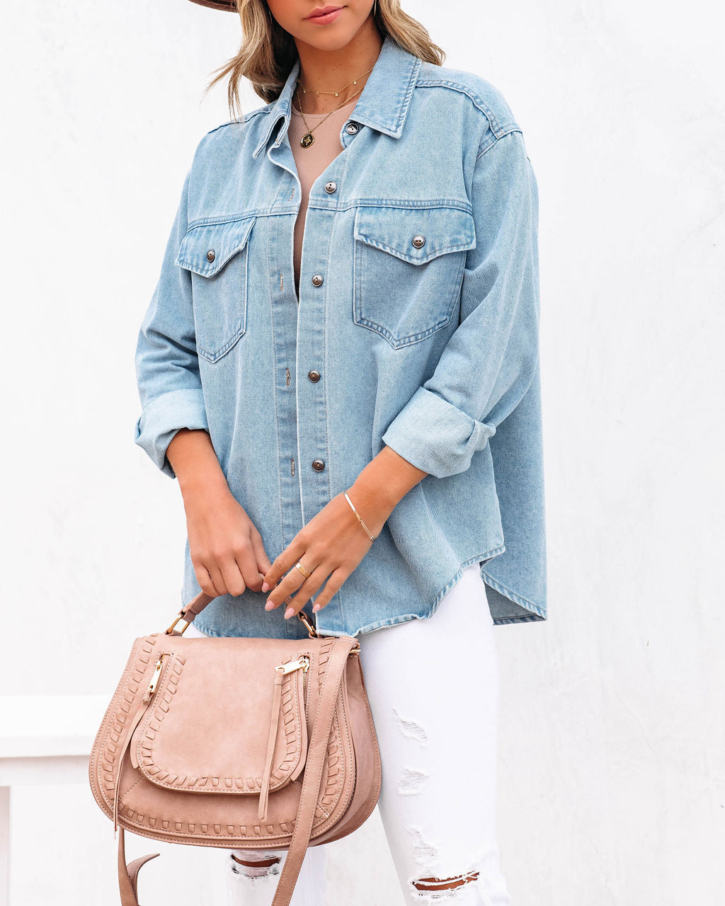 Lassie Button Down Denim Shacket - Light Wash Ins Street