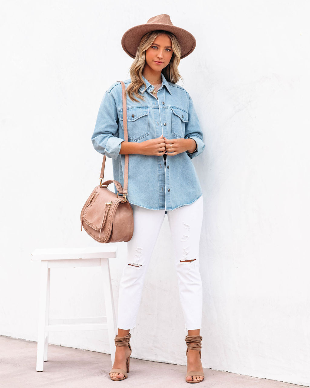 Lassie Button Down Denim Shacket - Light Wash Ins Street