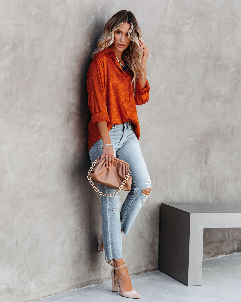 Layton Satin Embossed Button Down Blouse - Rust Ins Street