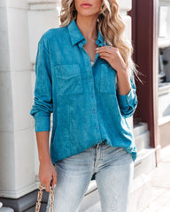 Leone Pocketed Faux Suede Button Down Top - Blue Ins Street