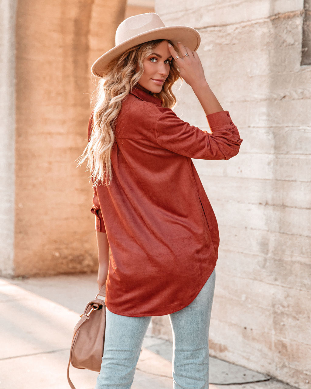 Leone Pocketed Faux Suede Button Down Top - Sienna Ins Street