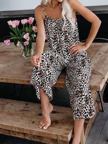 Leopard Print Suspender V-Neck Wide-Leg Jumpsuit Ins Street