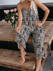 Leopard Print Suspender V-Neck Wide-Leg Jumpsuit Ins Street