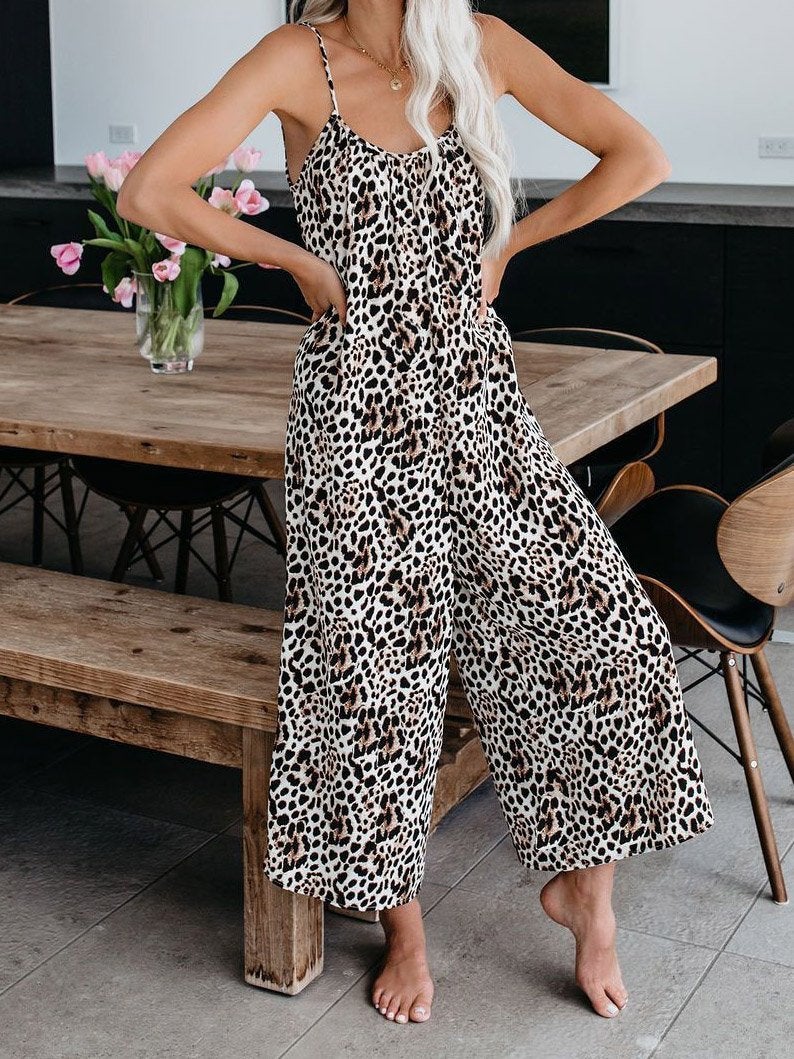 Leopard Print Suspender V-Neck Wide-Leg Jumpsuit Ins Street