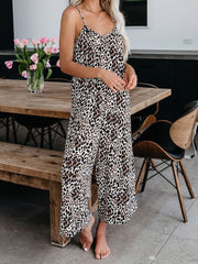 Leopard Print Suspender V-Neck Wide-Leg Jumpsuit Ins Street