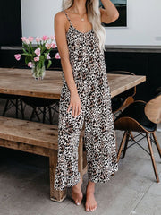 Leopard Print Suspender V-Neck Wide-Leg Jumpsuit Ins Street