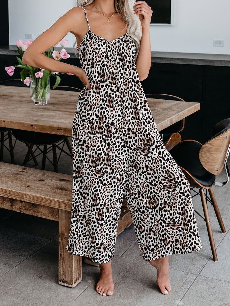 Leopard Print Suspender V-Neck Wide-Leg Jumpsuit Ins Street