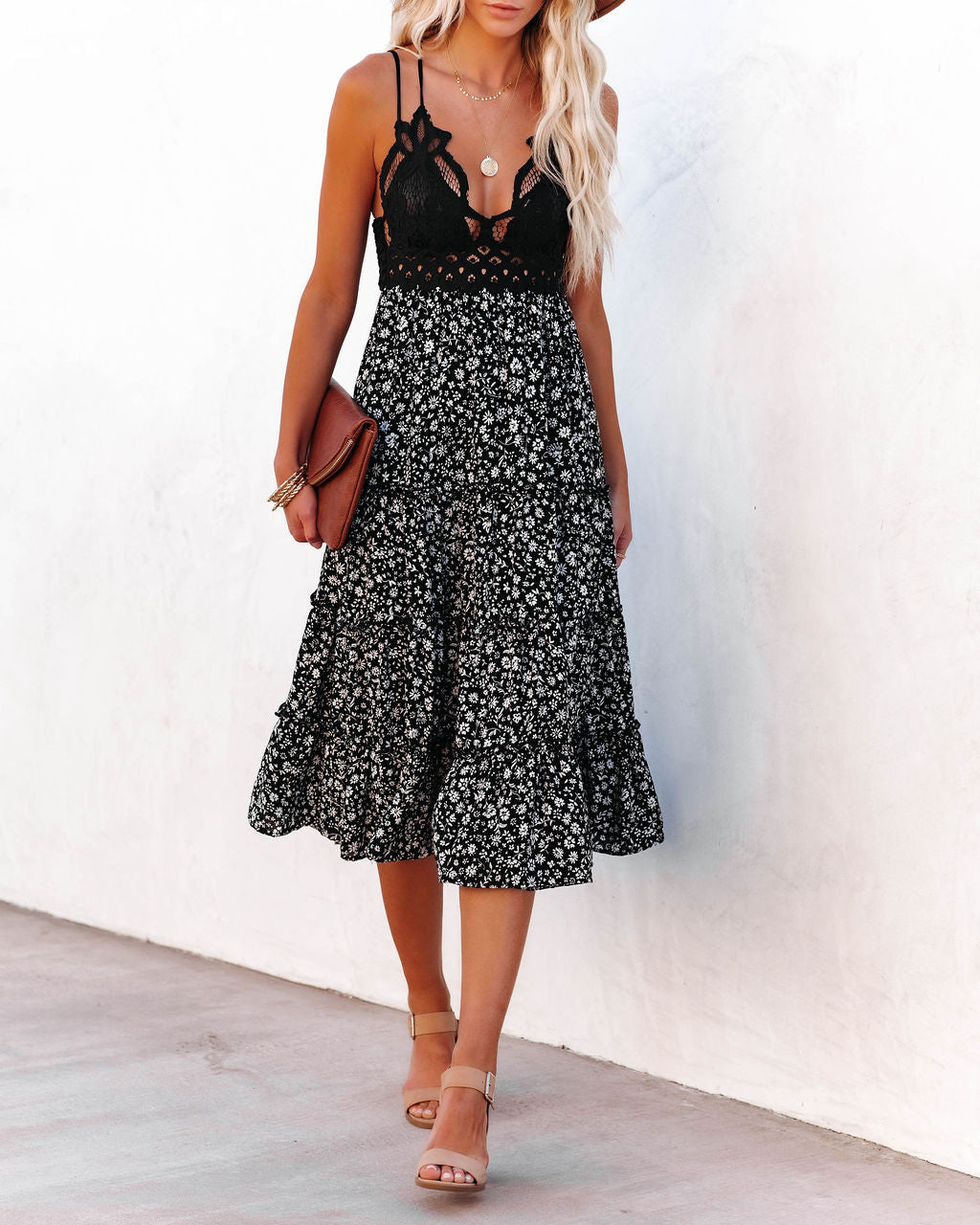 Let It Be Tiered Floral Lace Midi Dress - Black Ins Street