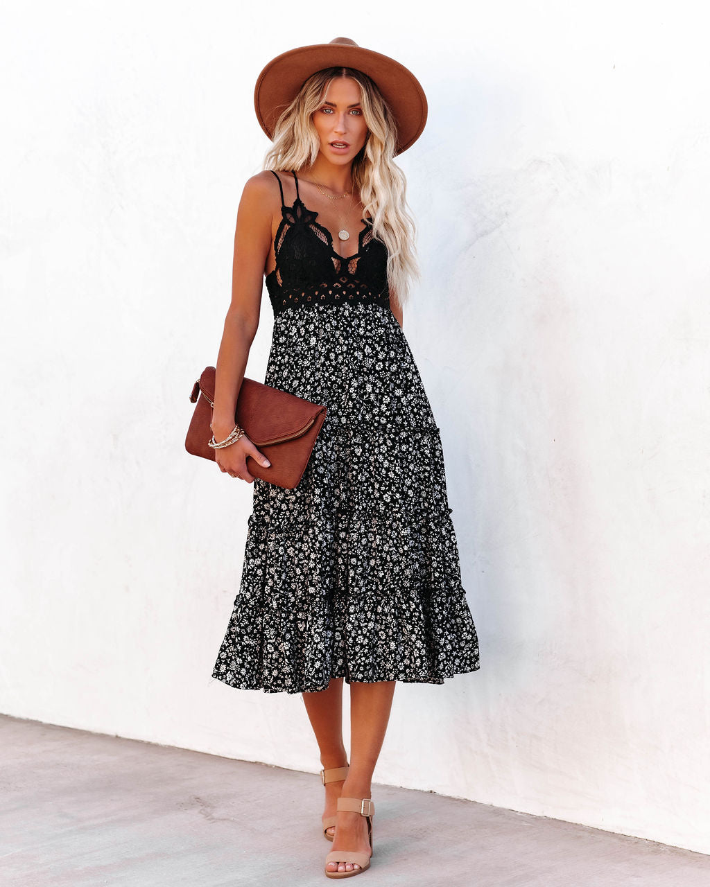 Let It Be Tiered Floral Lace Midi Dress - Black Ins Street