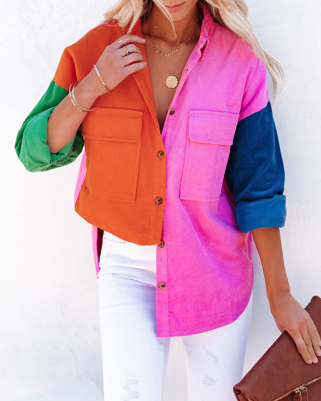 Liana Cotton Colorblock Corduroy Shacket - Orchid Multi Ins Street
