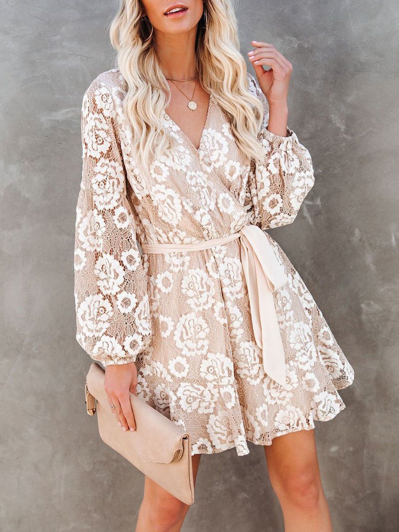 Long Sleeve Lace Printed Bohemian Ruffle Dress ins