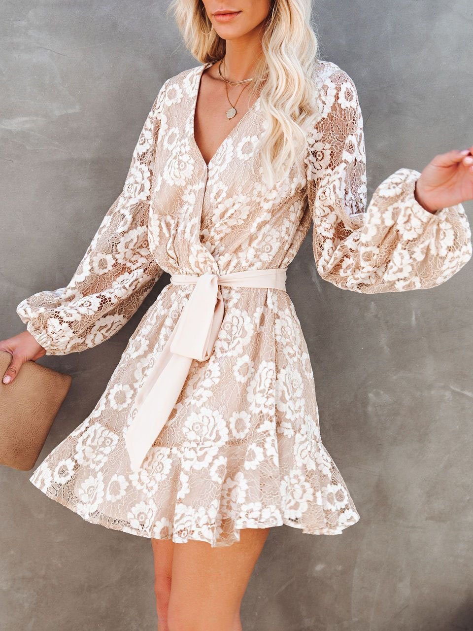 Long Sleeve Lace Printed Bohemian Ruffle Dress ins