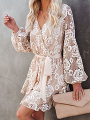 Long Sleeve Lace Printed Bohemian Ruffle Dress ins