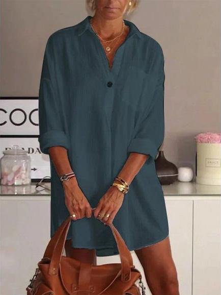 Loose V-Neck Long Sleeve Shirt Dress ins