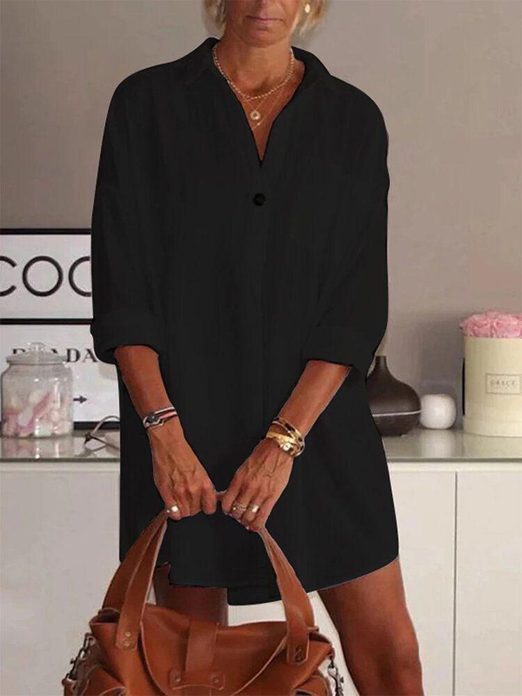 Loose V-Neck Long Sleeve Shirt Dress ins