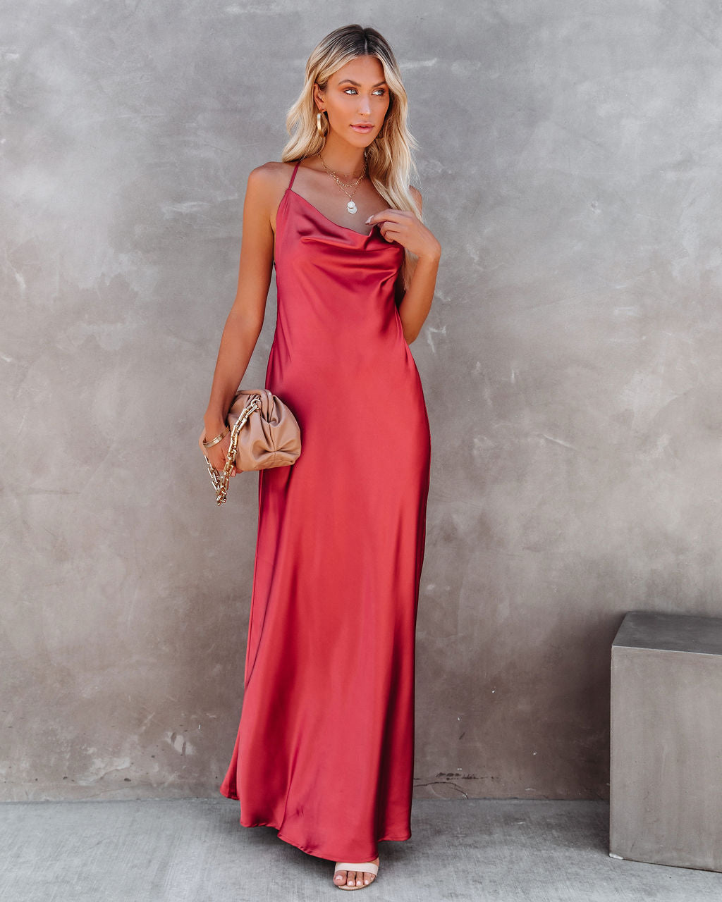 Love Letter Satin Cowl Neck Maxi Dress - Rust Ins Street