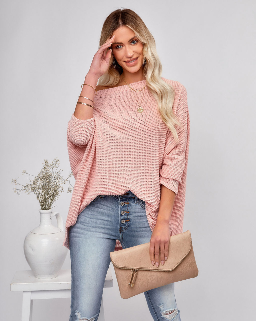 Lovell Boat Neck Thermal Knit Top - Pink Ins Street