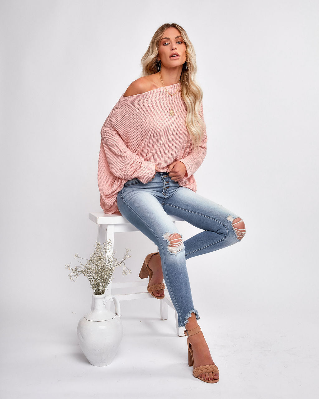 Lovell Boat Neck Thermal Knit Top - Pink Ins Street