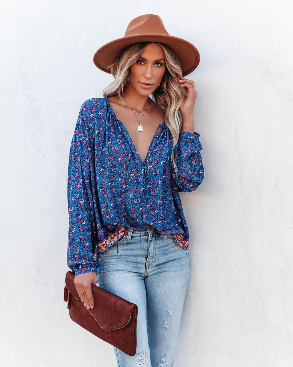 Luana Printed Peasant Top - Blue Ins Street