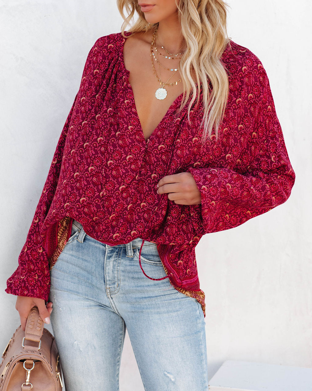 Luana Printed Peasant Top - Burgundy Ins Street