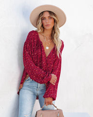 Luana Printed Peasant Top - Burgundy Ins Street