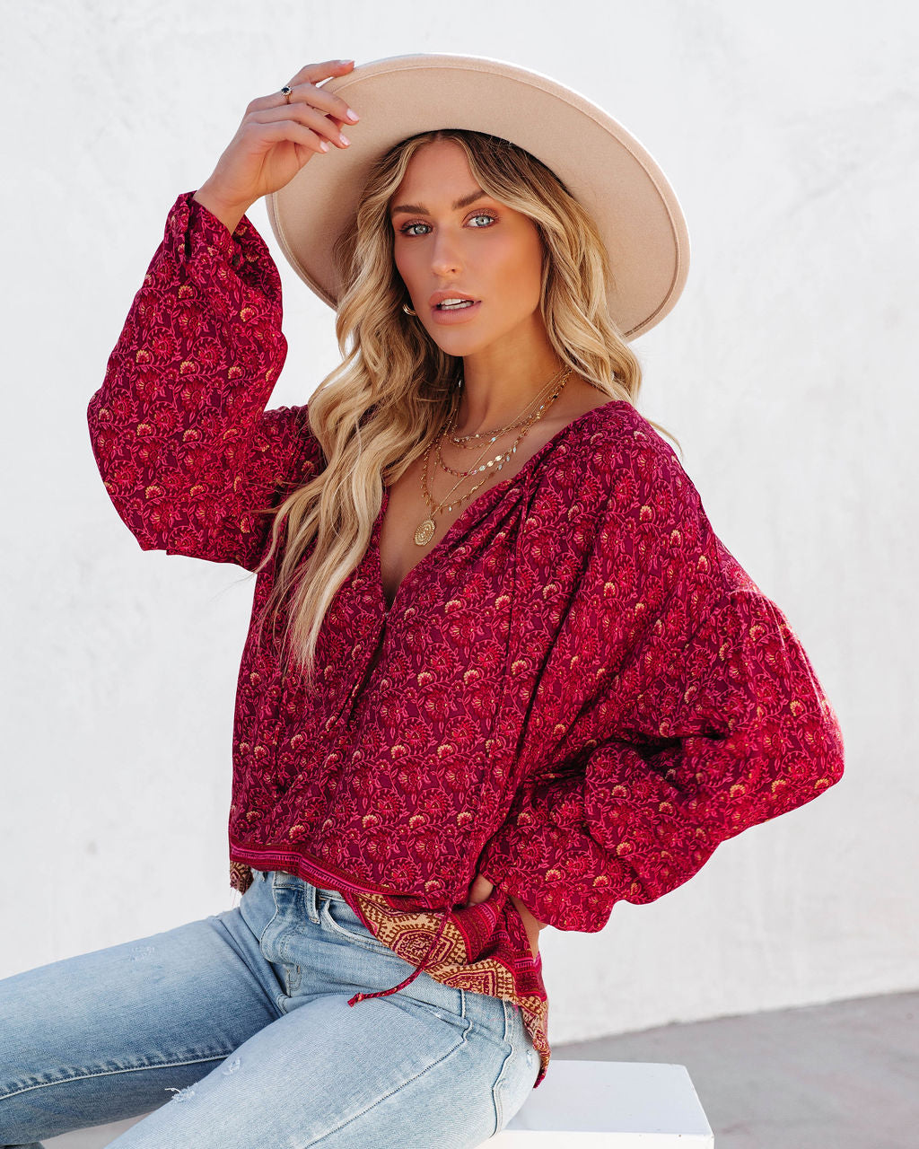 Luana Printed Peasant Top - Burgundy Ins Street