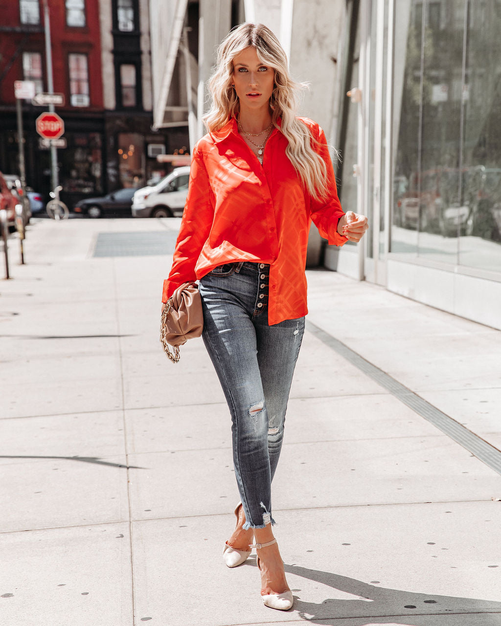 Lynn Satin Button Down Blouse - Red Ins Street