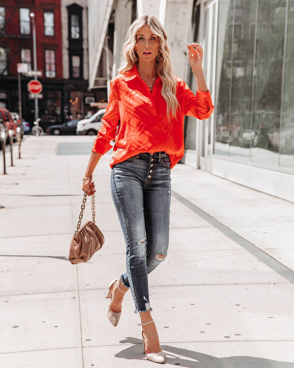 Lynn Satin Button Down Blouse - Red Ins Street