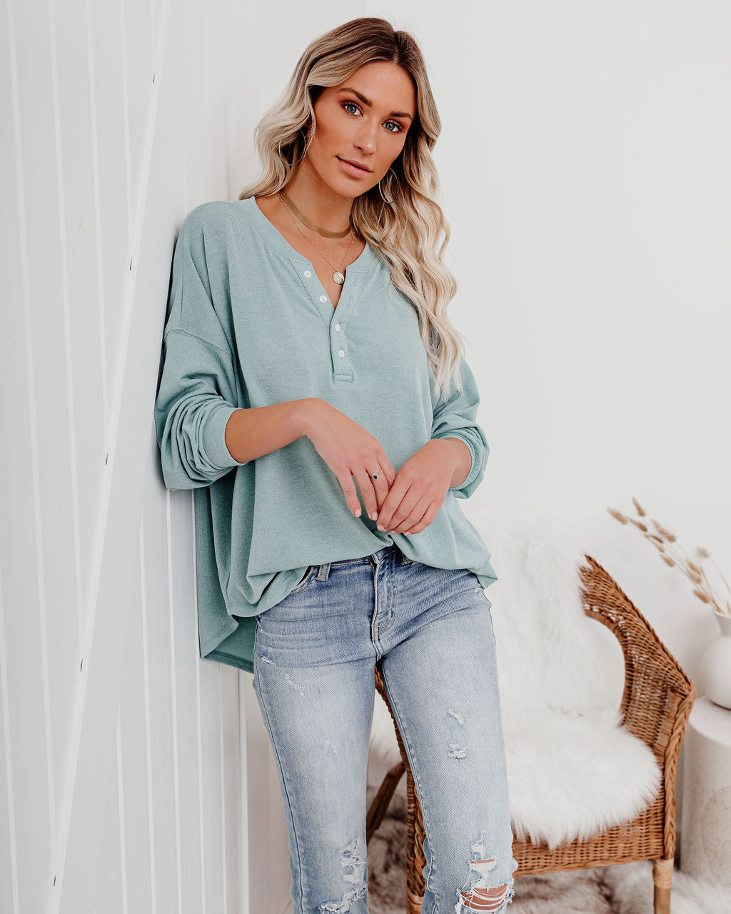 Maggie Relaxed Knit Henley Top - Sage Ins Street