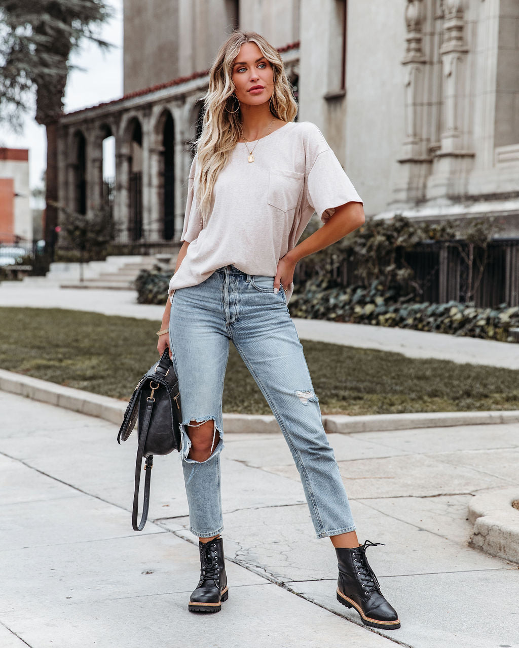 Magnolia Cotton Blend Pocket Tee - Beige Ins Street