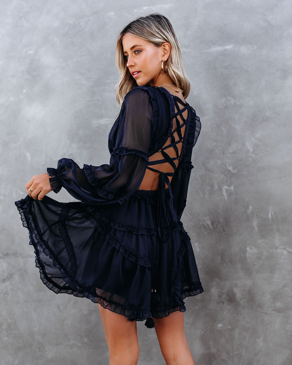 Marie Ruffle Tiered Cutout Dress - Navy Ins Street