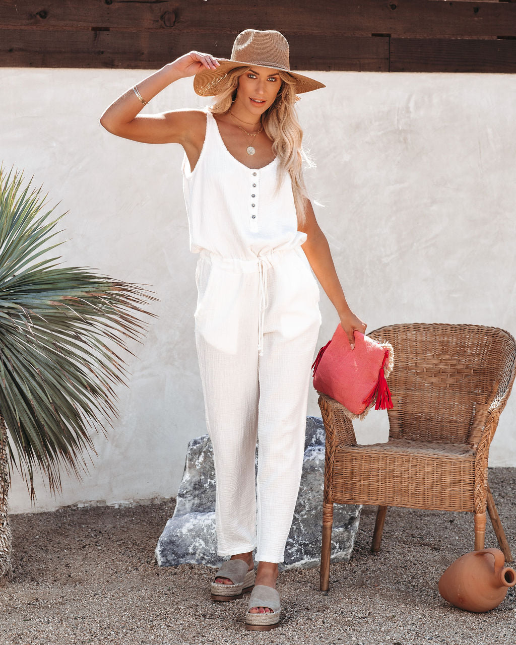 Maye Cotton Pocketed Drawstring Jumpsuit - White Ins Street