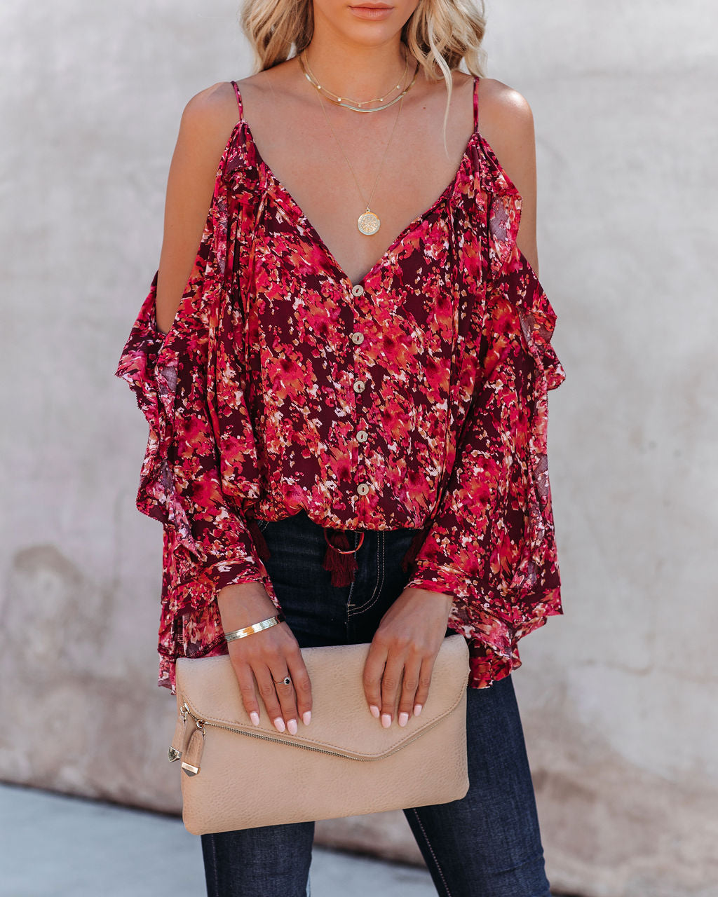 Mercury Printed Cold Shoulder Ruffle Top Ins Street