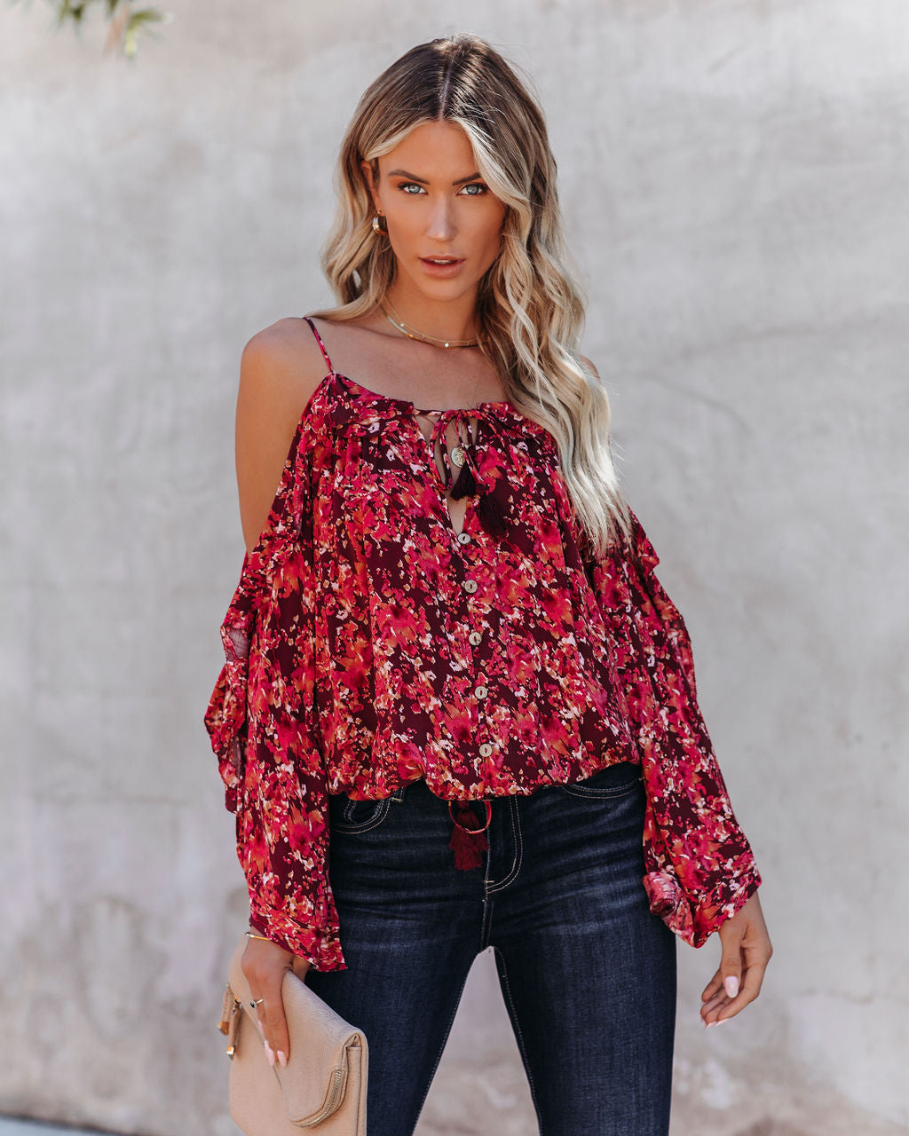 Mercury Printed Cold Shoulder Ruffle Top Ins Street