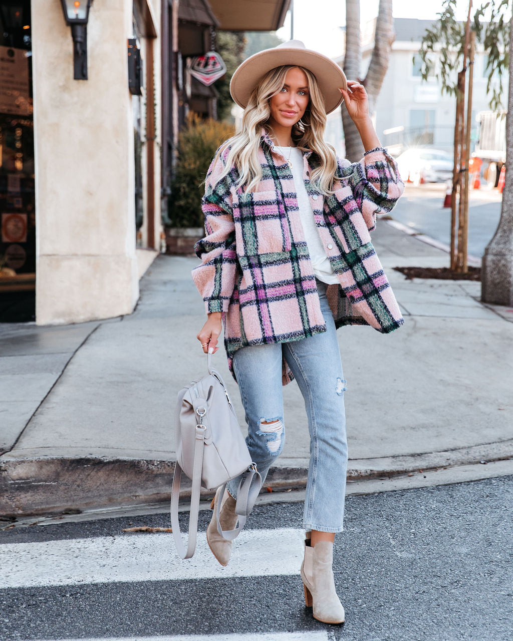 Milestone Cotton Plaid Shacket - Pink Ins Street