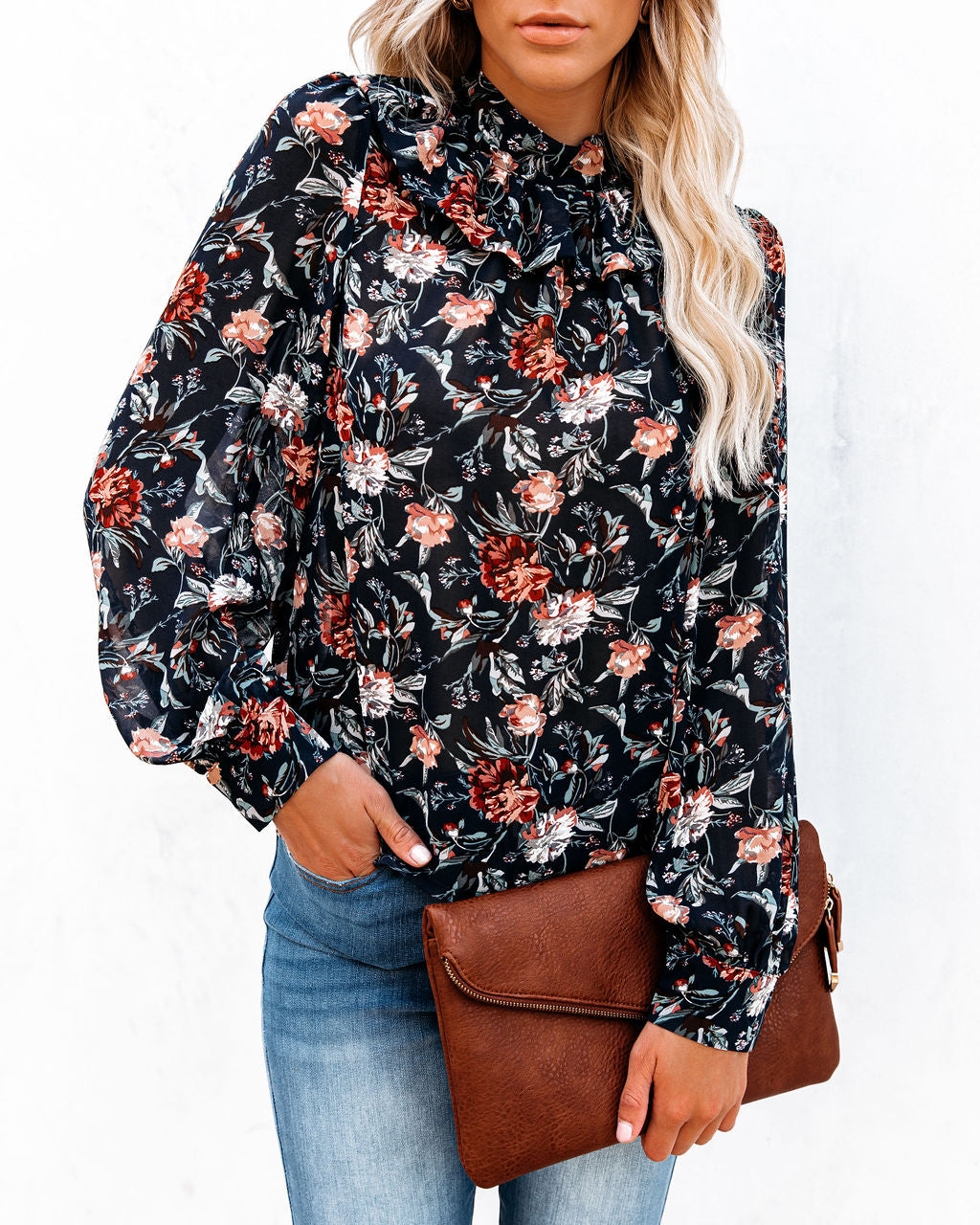 Never Say Never Floral Mock Neck Ruffle Blouse Ins Street