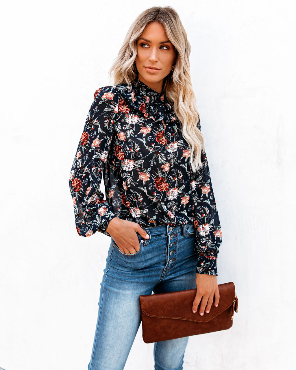 Never Say Never Floral Mock Neck Ruffle Blouse Ins Street