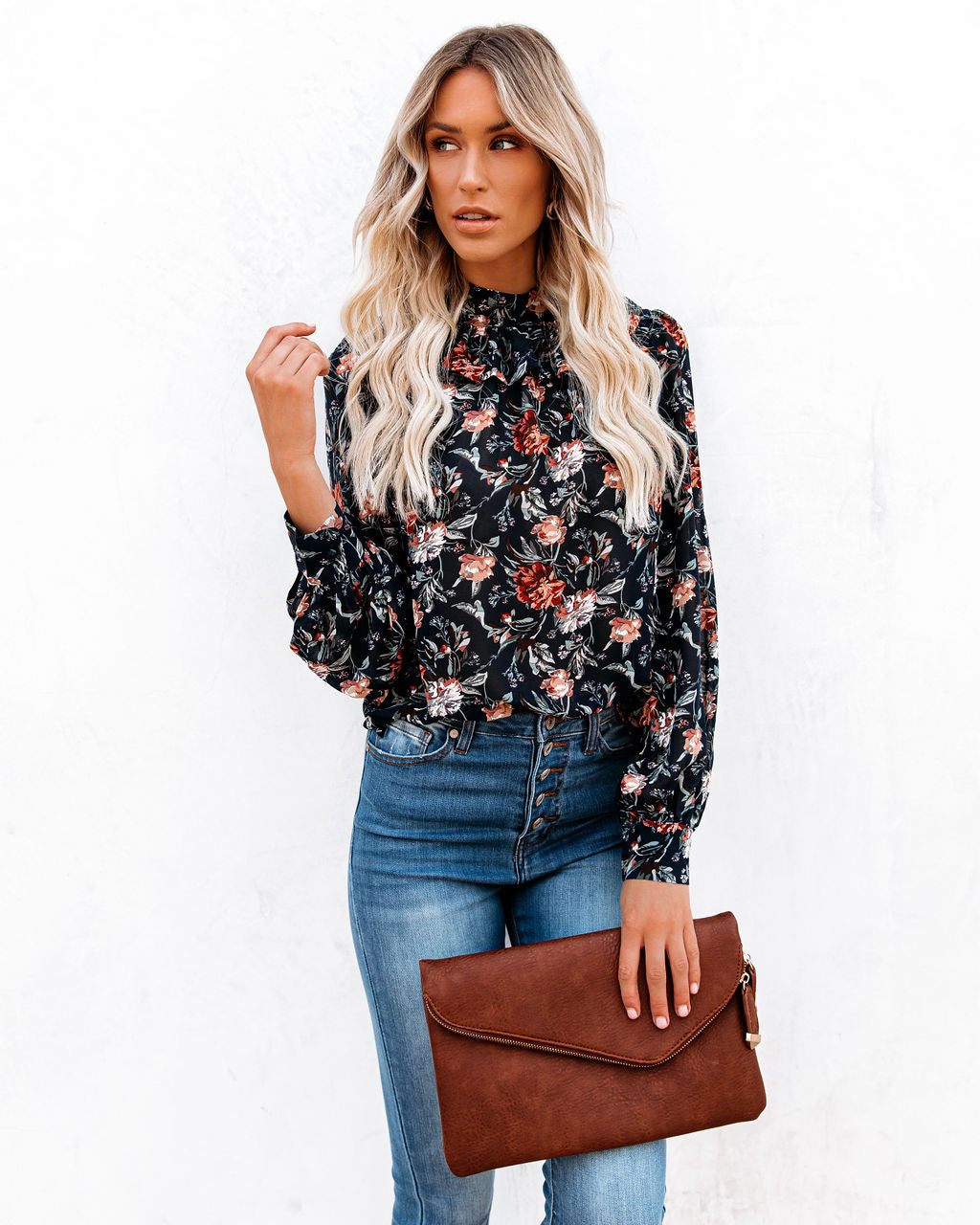 Never Say Never Floral Mock Neck Ruffle Blouse Ins Street