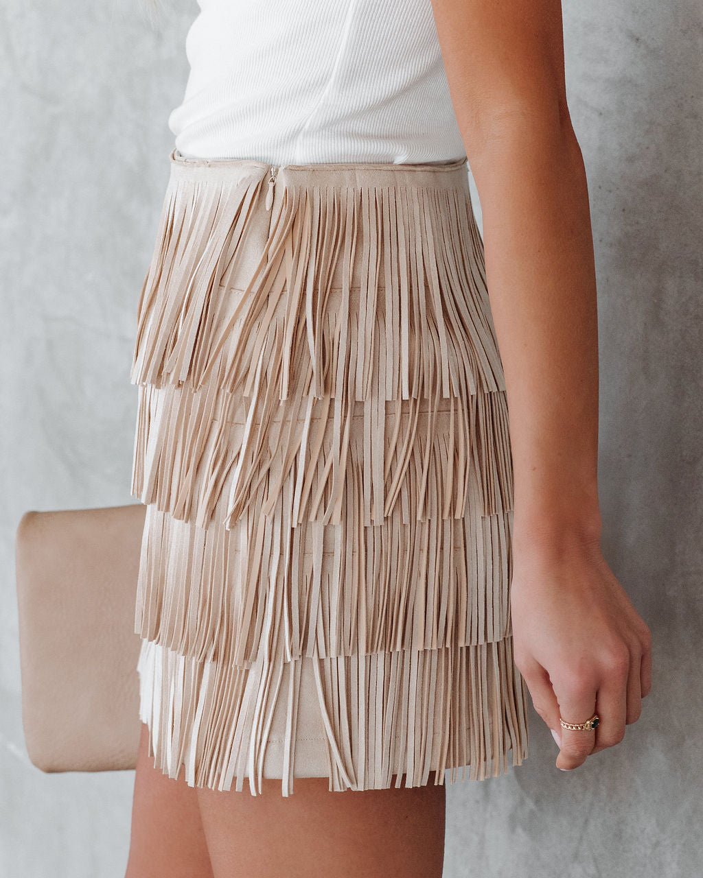 PREORDER - Nitza Faux Suede Fringe Mini Skirt - Sand Ins Street