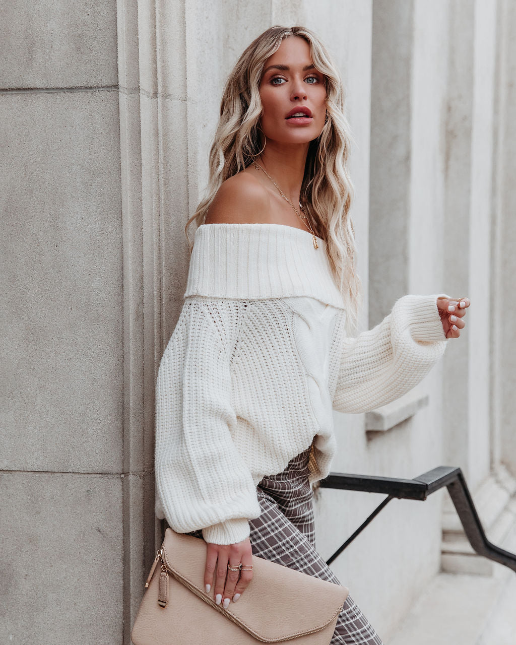 Oxford Off The Shoulder Cable Knit Sweater - Ivory Ins Street