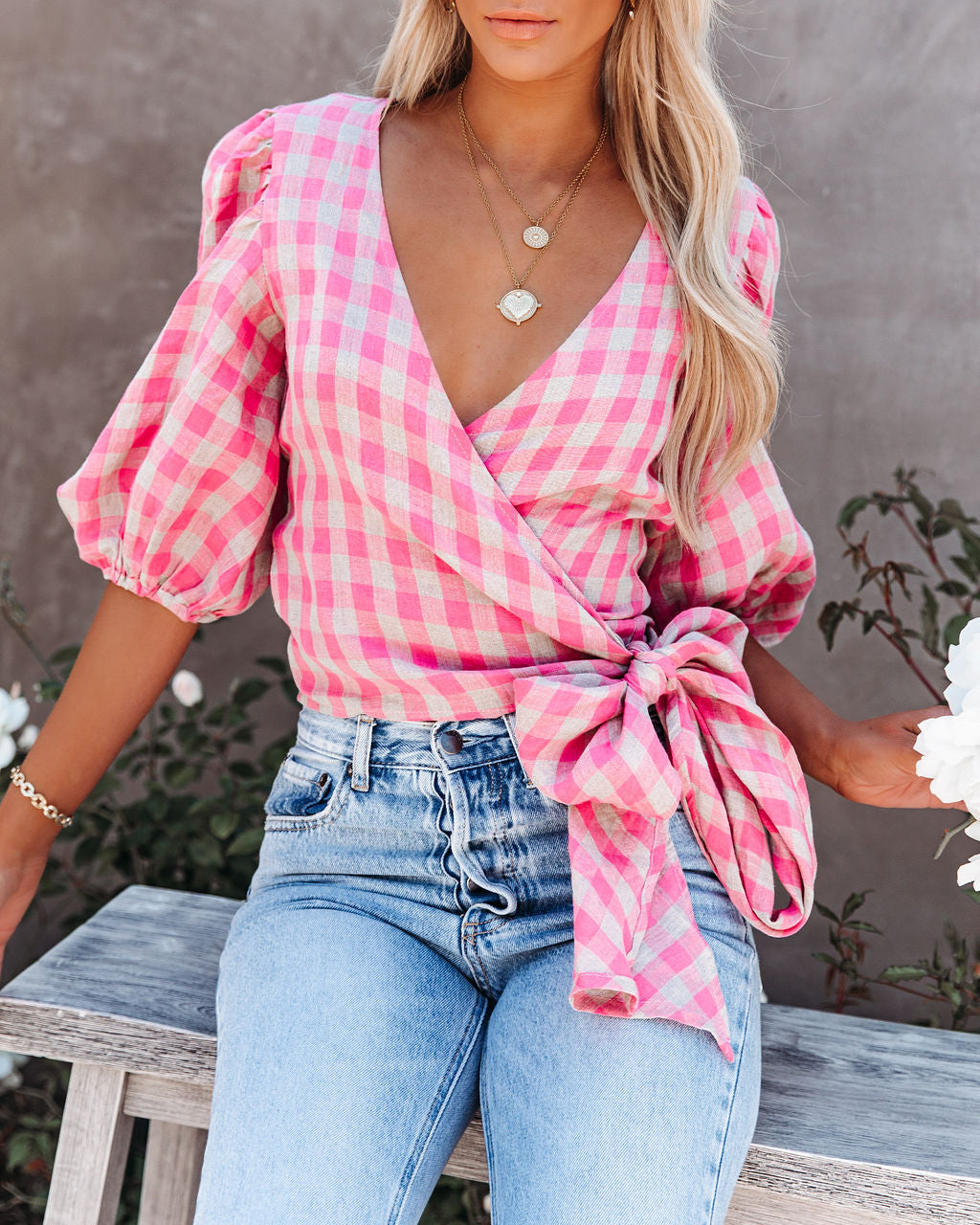 Palermo Linen Puff Sleeve Gingham Wrap Top Ins Street