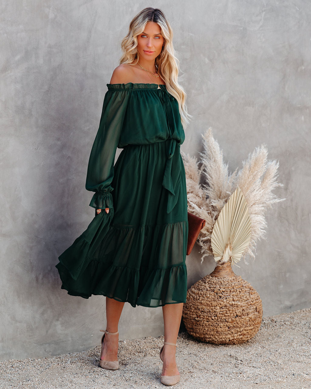 Peacekeeper Off The Shoulder Midi Dress - Hunter Green Ins Street