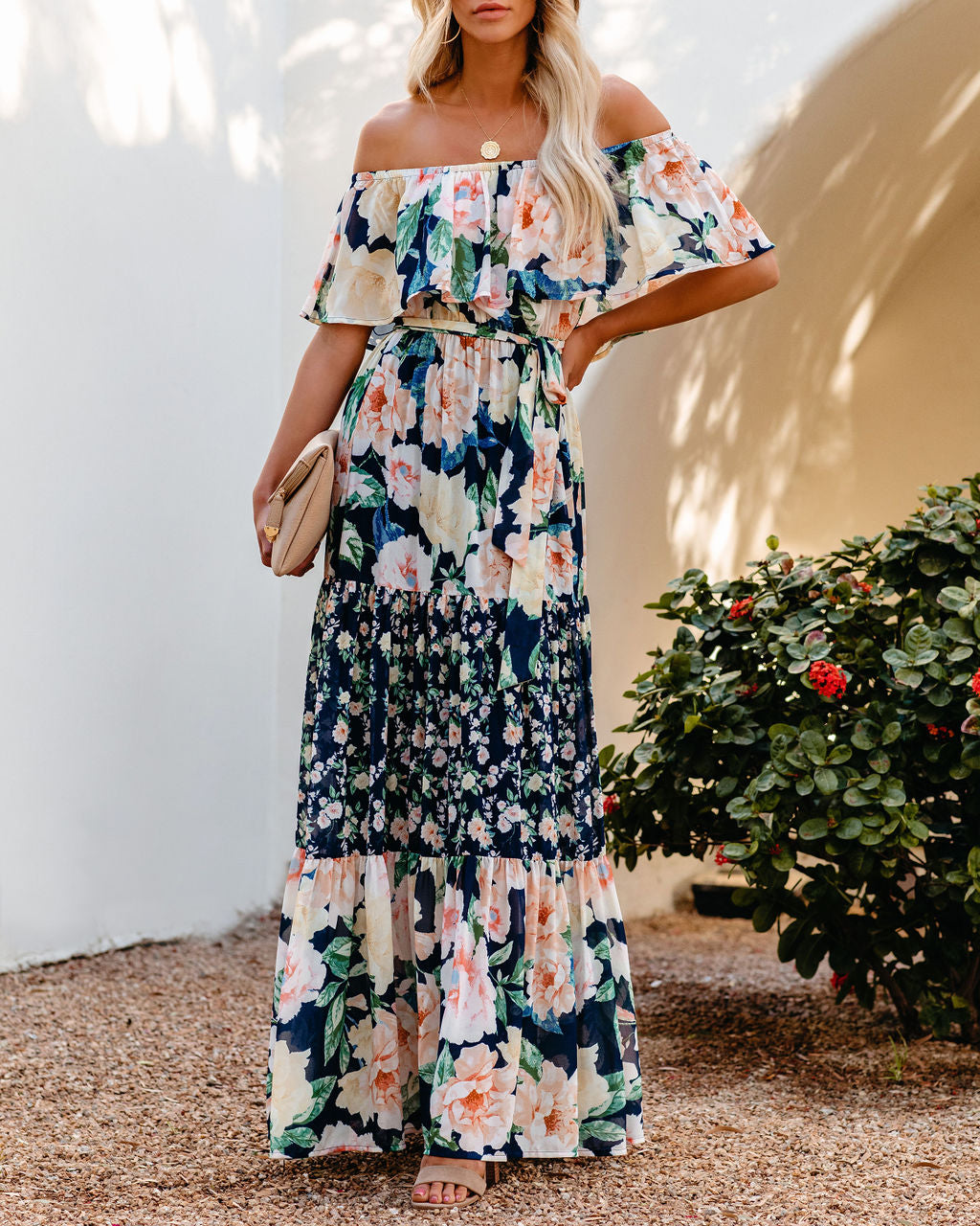 Petal Power Floral Off The Shoulder Maxi Dress - Navy SALT-001