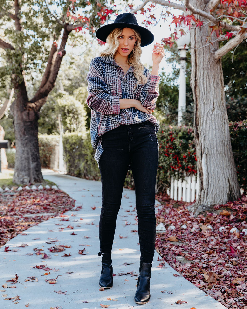 Pima Relaxed Houndstooth Button Down Top - Burgundy - FINAL SALE Ins Street