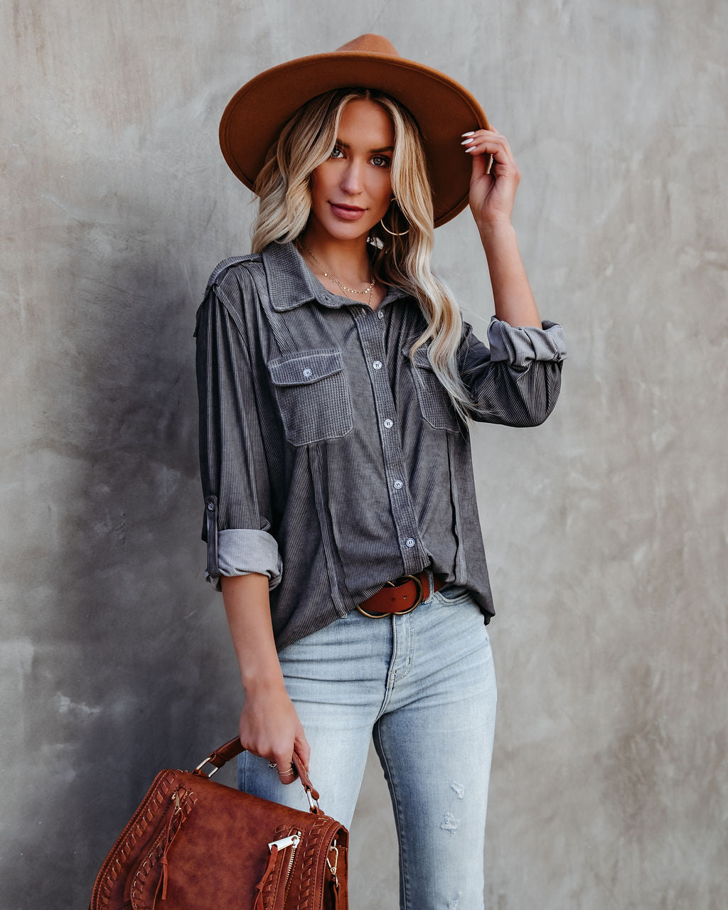 Pomona Button Down Knit Top - Dusty Charcoal - FINAL SALE Ins Street