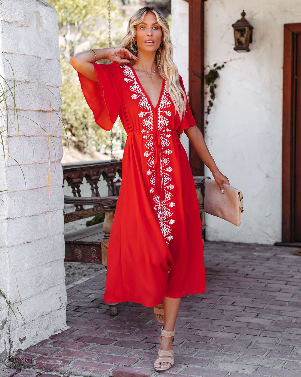 Presidio Embroidered Tassel Midi Dress - Tomato Red Ins Street