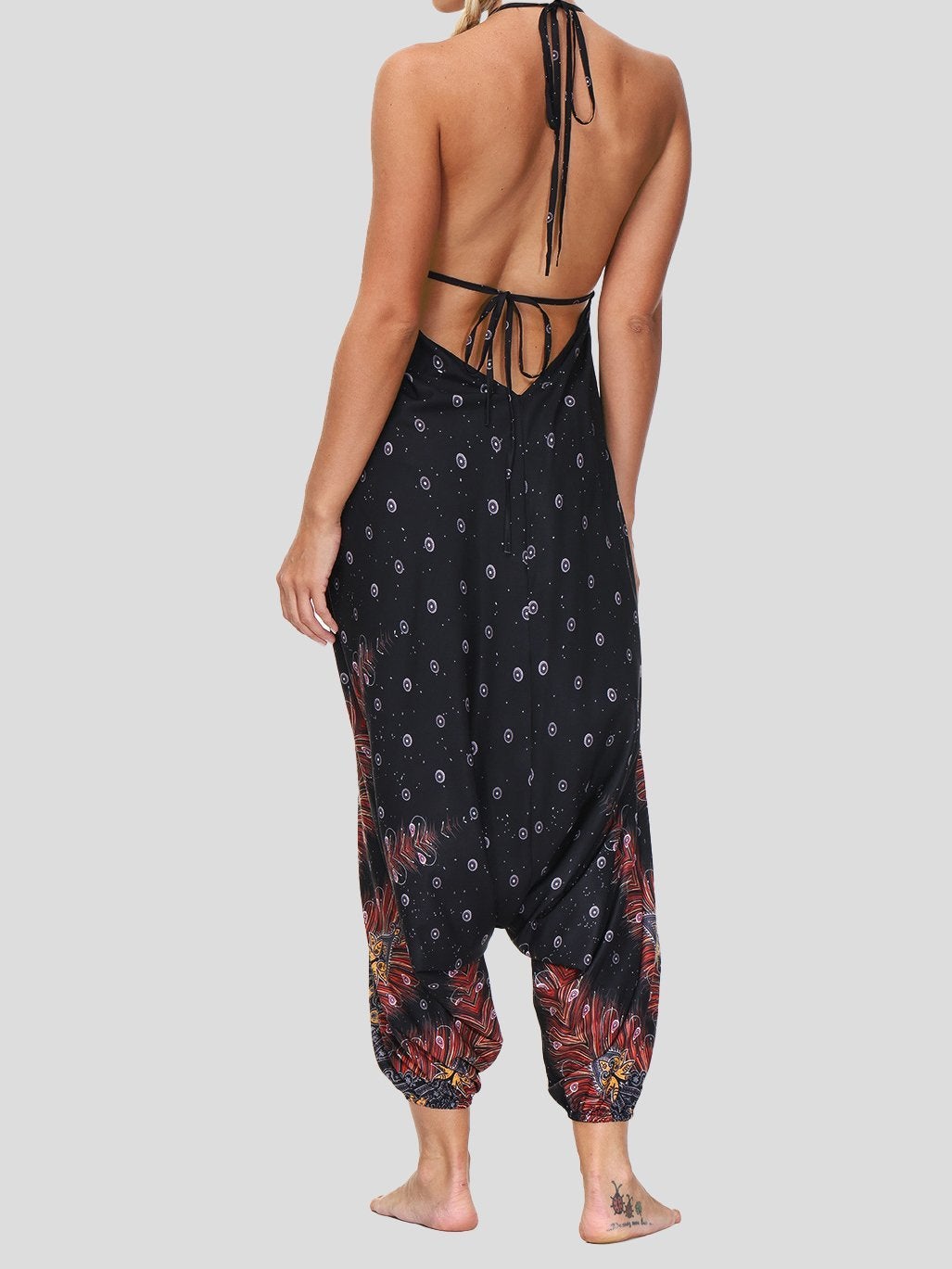 Print V Neck Lace-up Halter Sports Yoga Jumpsuit Ins Street