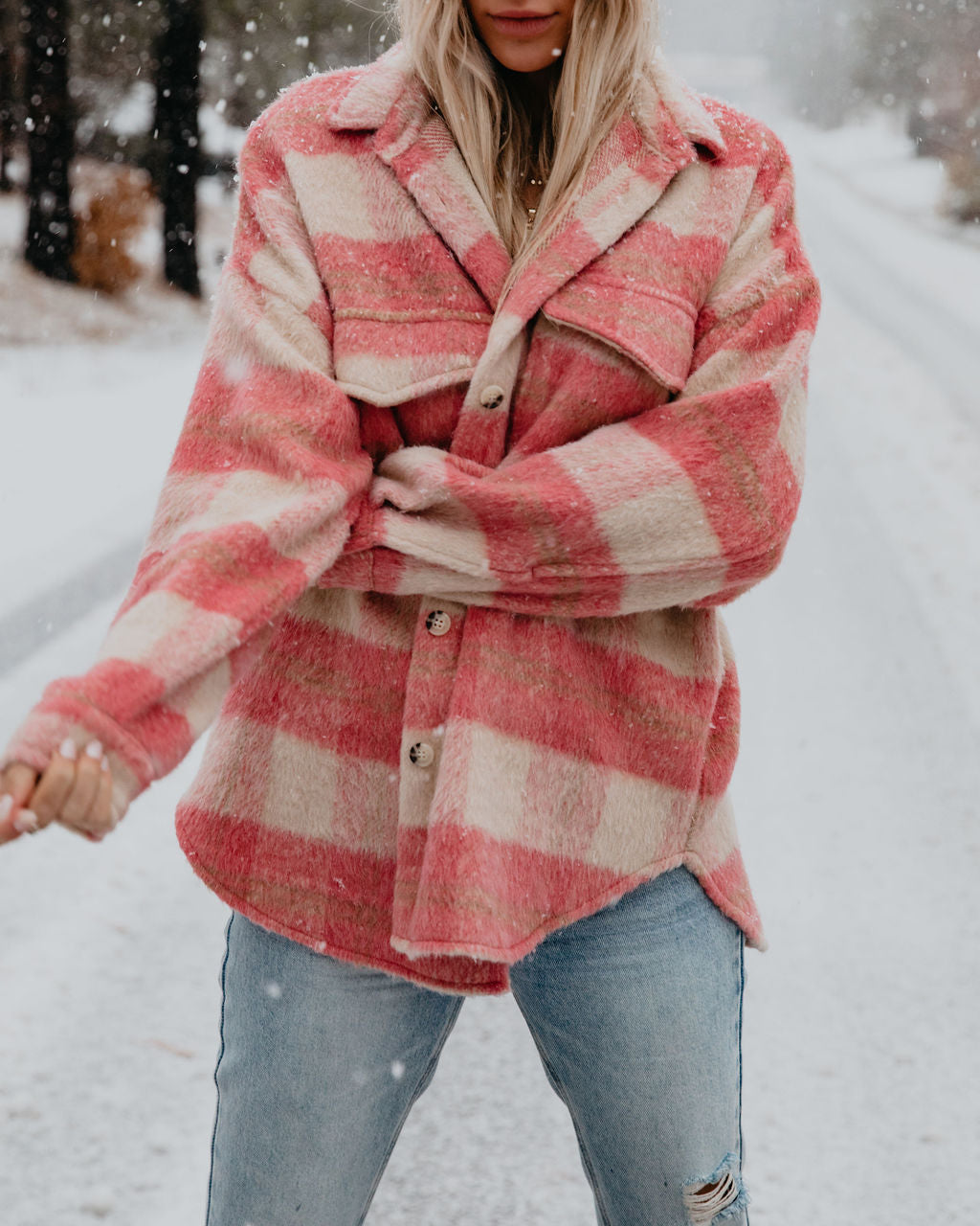 Quintessa Soft Plaid Button Down Shacket - Pink Ins Street