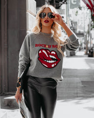 Red Lips Rock And Roll Cotton Blend Sweatshirt Ins Street